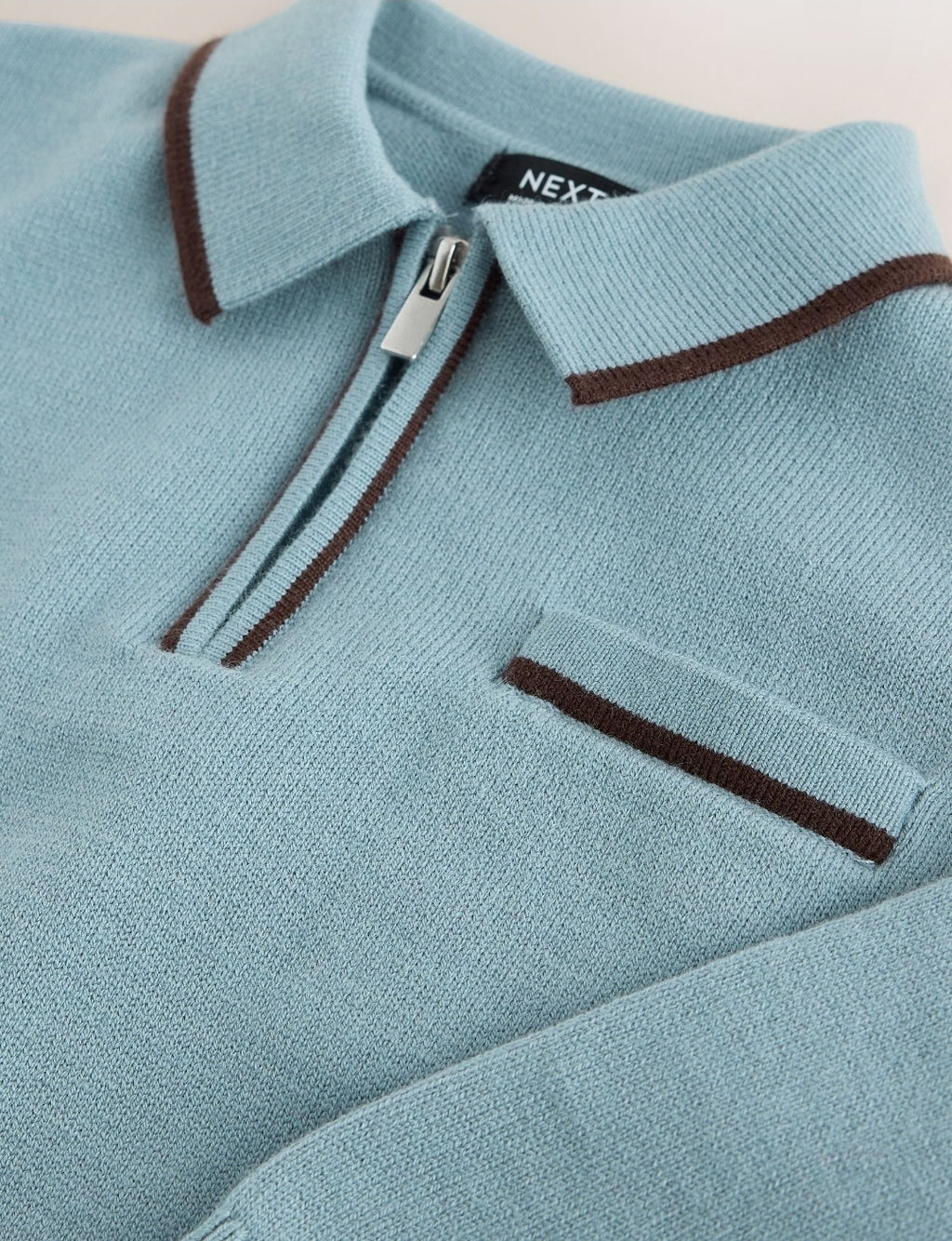 Blue Tipped Knitted Zip Neck Polo Shirt