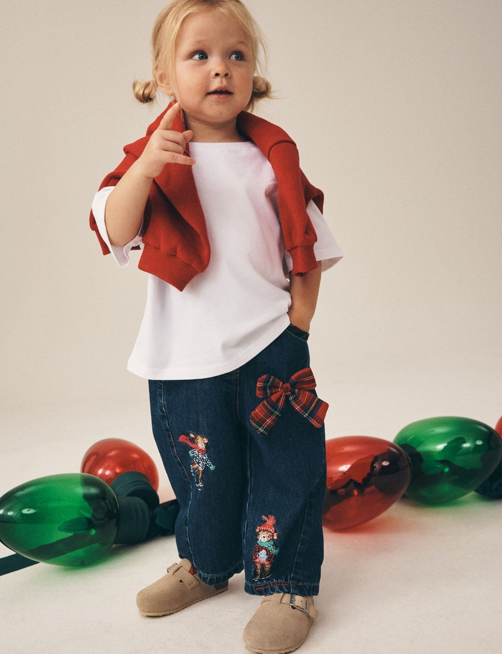 Christmas Tartan Embroidered Wide Leg Jeans