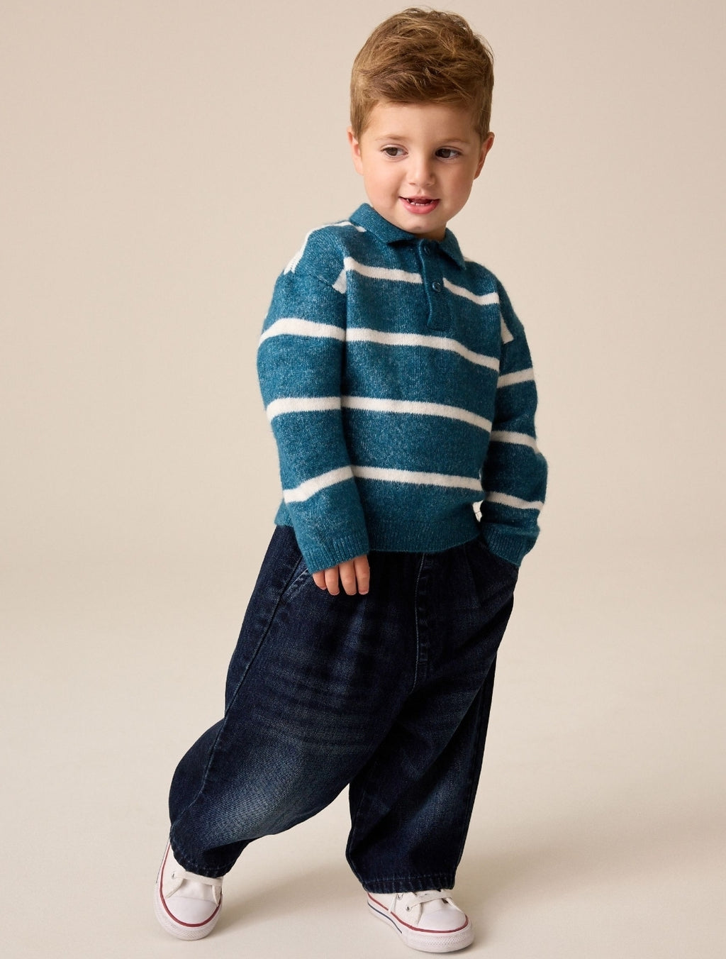 Teal Blue Knitted Stripe Polo Shirt