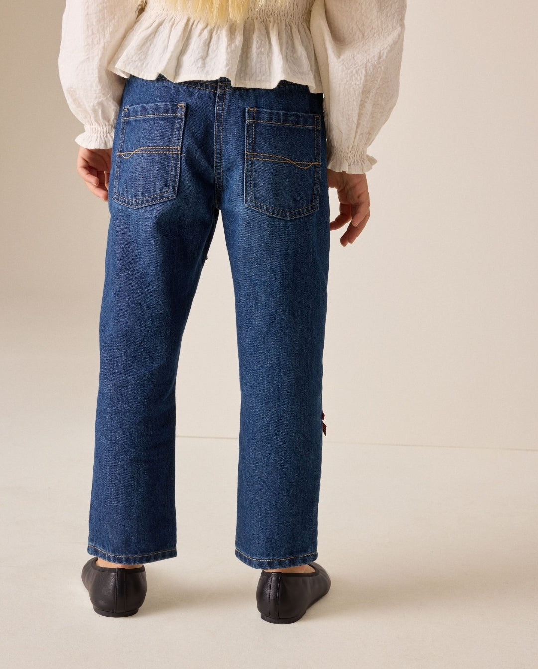 Denim/ Red Tartan Bows Mom Jeans