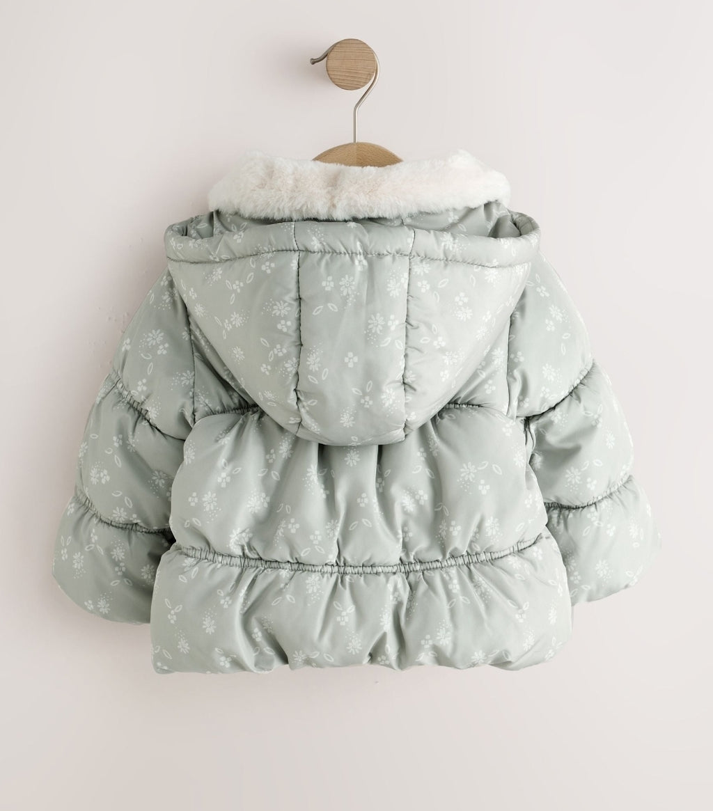 Sage Green Floral Shower Resistant Faux Fur Collar Padded