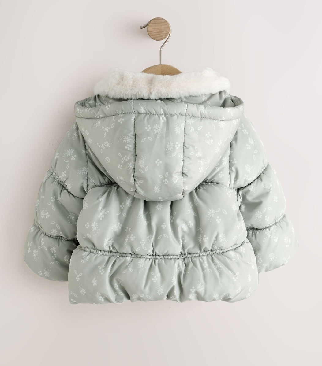 Sage Green Floral Shower Resistant Faux Fur Collar Padded