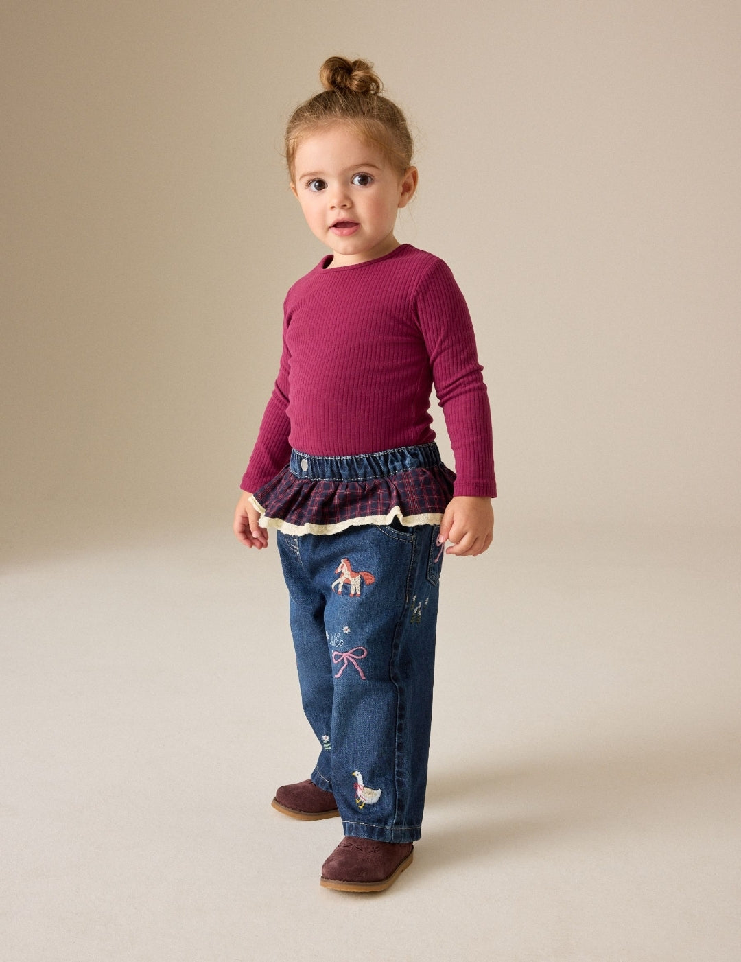 Embroidered Tartan Peplum Waist Jeans