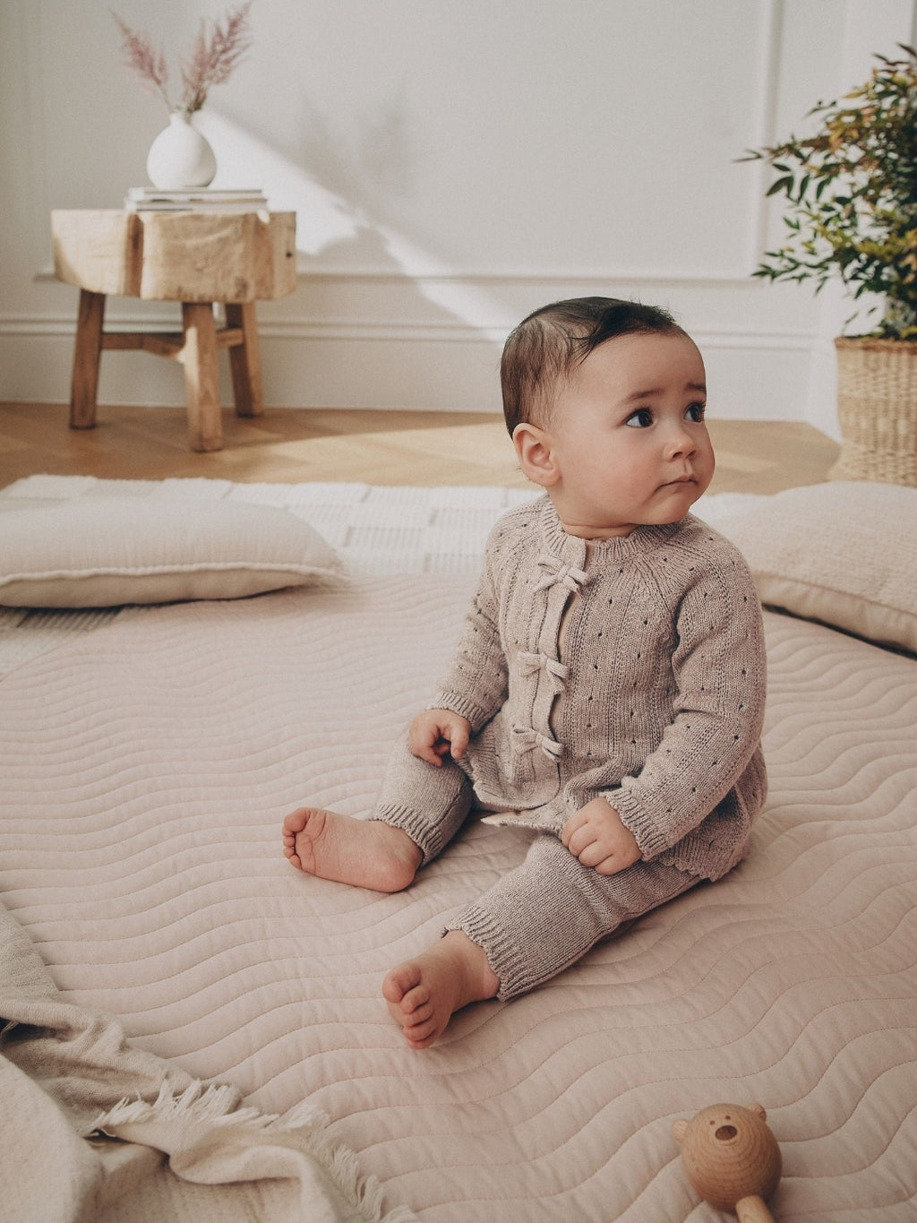 Chocolate Brown Frill Knitted Bow Baby Cardigan & Leggings Set 2