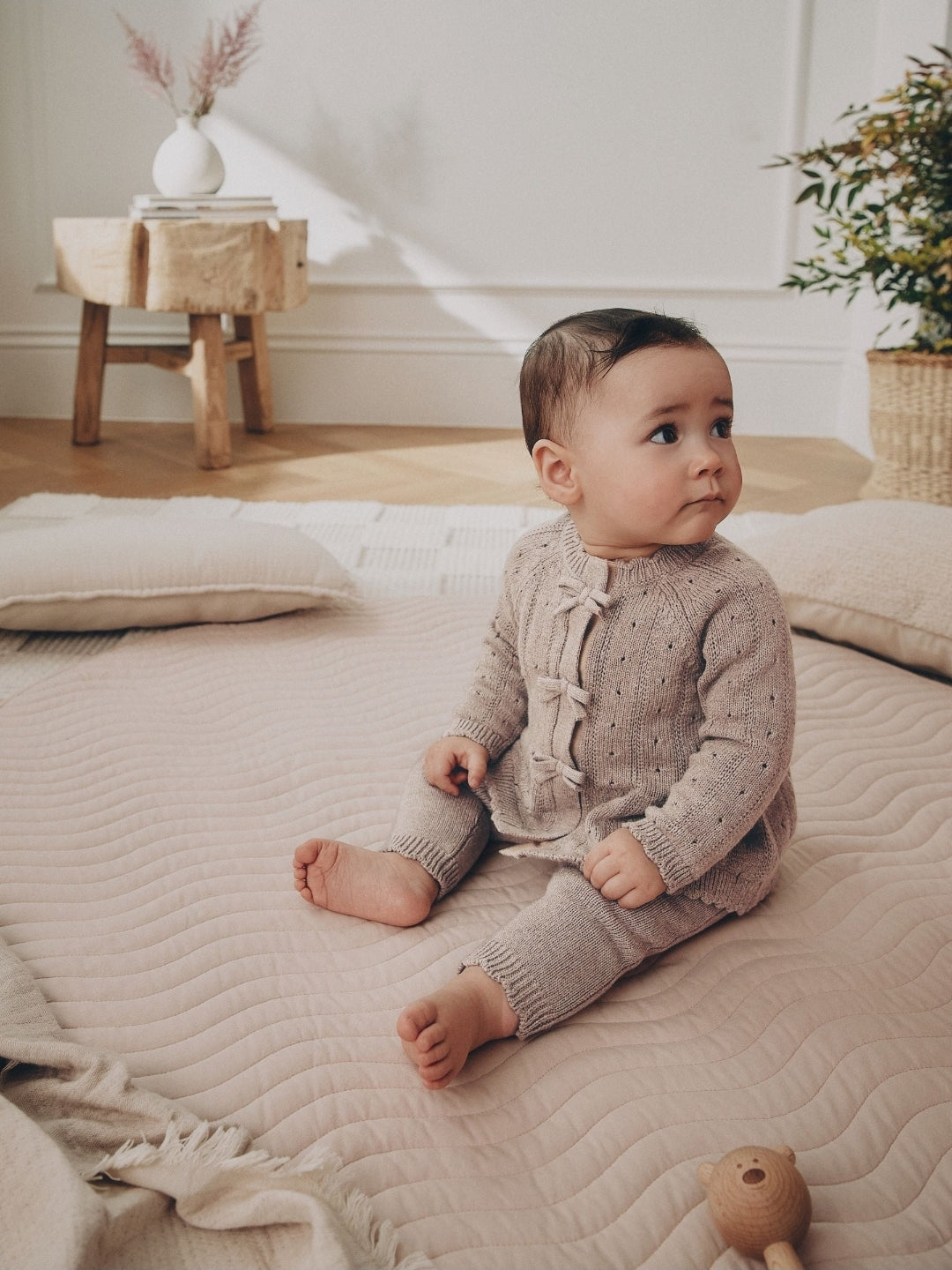 Chocolate Brown Frill Knitted Bow Baby Cardigan & Leggings Set 2