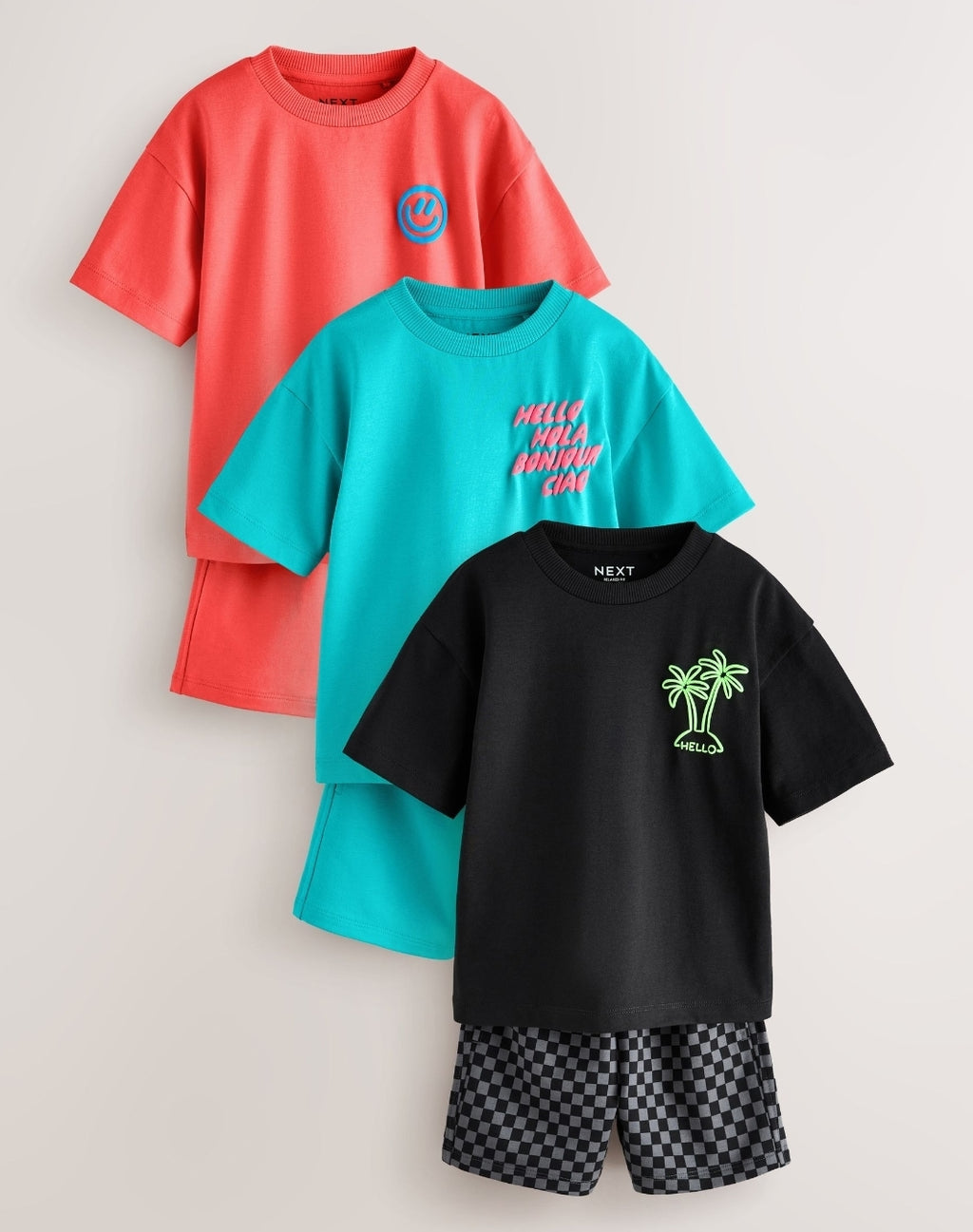 Coral/Aqua/Black Slogan Short Sleeve T-Shirt and Shorts Set 3