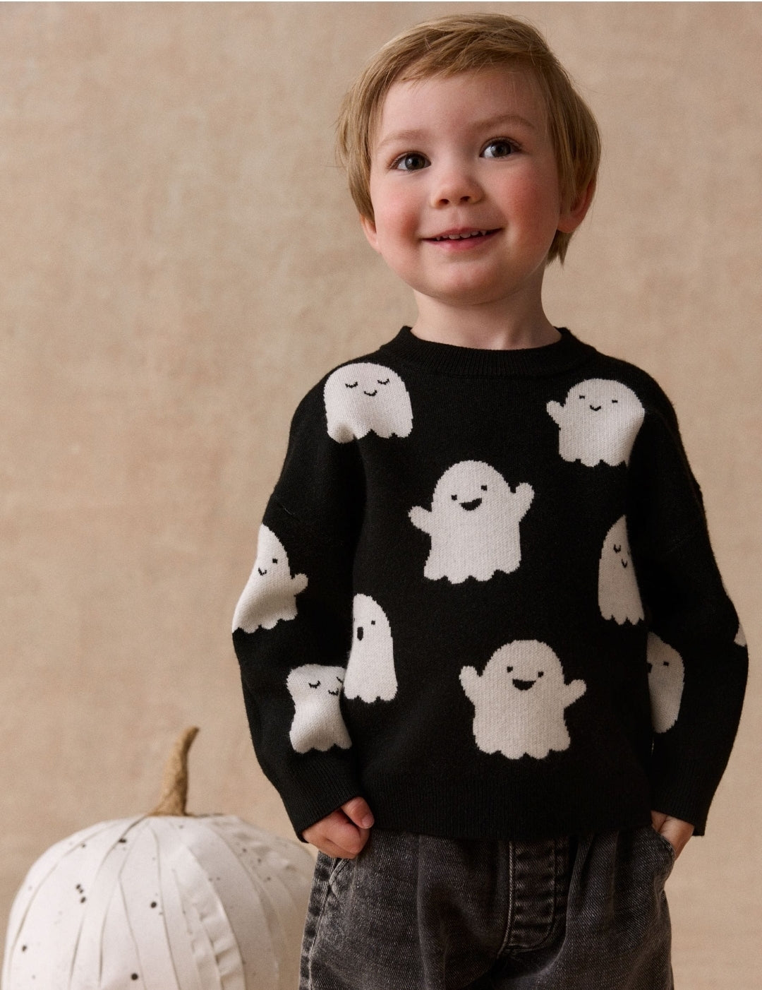Black/White Ghost Halloween Knitted Crew Neck Jumper