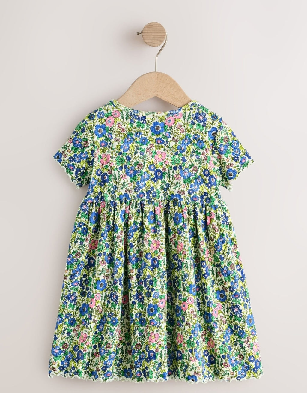 Blue Floral Short Sleeve Ribbed Dress