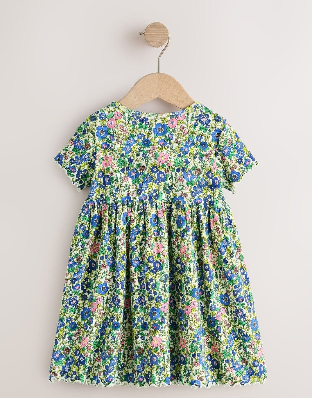 Blue Floral Short Sleeve Ribbed Dress