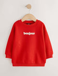 Red Bonjour Slogan Printed Crew Neck Sweat Top