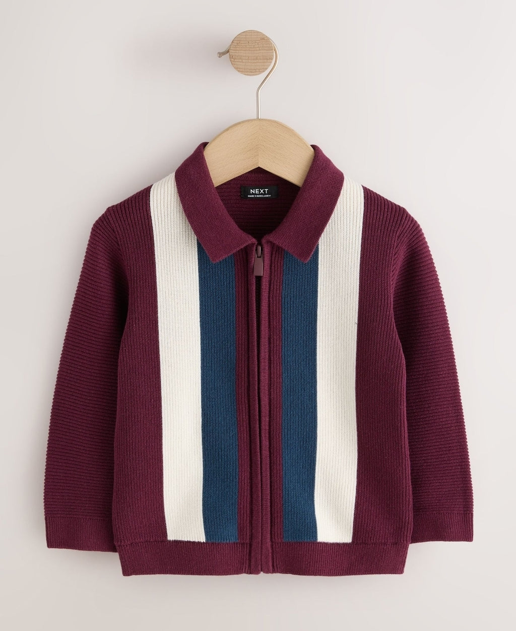 Purple/Navy Stripe Knitted Zip Up
Polo Shirt