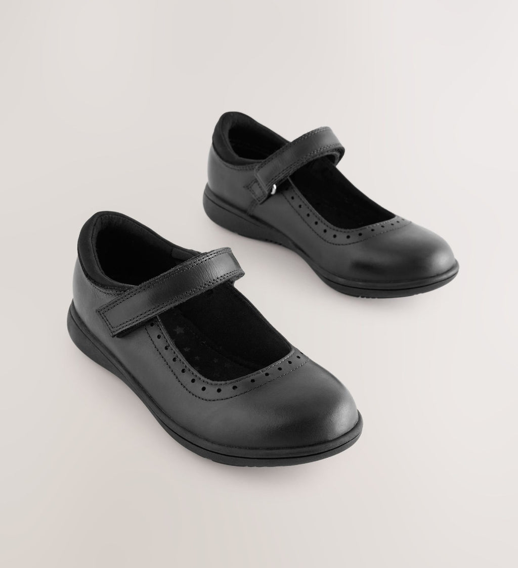 Matt Black Standard Fit (F) School Leather Brogue Detail Mary Jane
