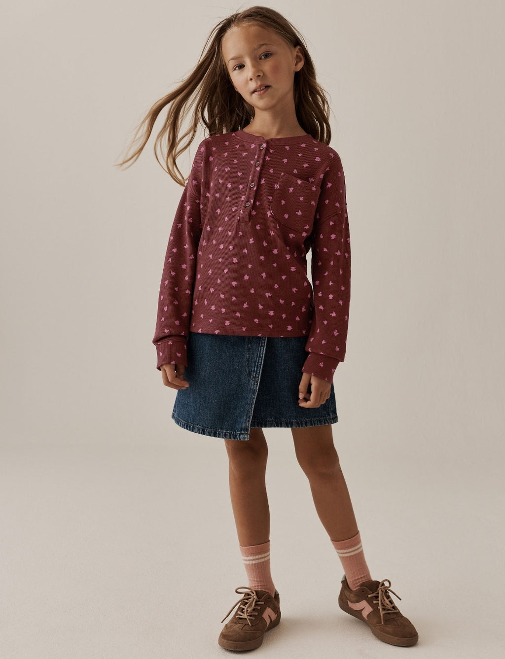 Burgundy Ditsy Waffle Henley Top