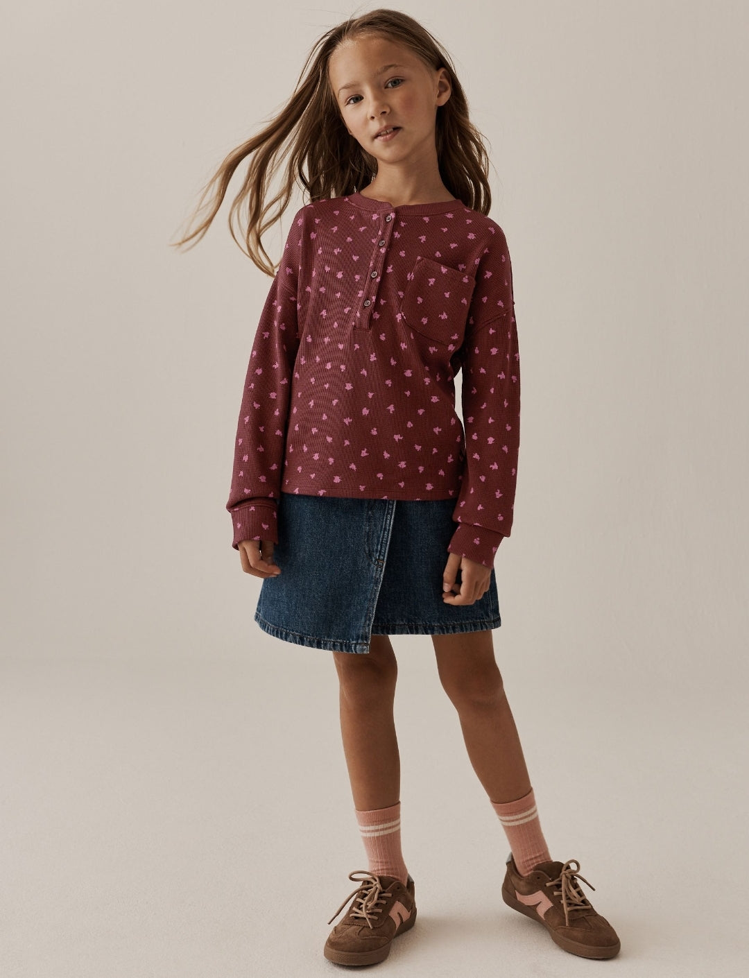 Burgundy Ditsy Waffle Henley Top