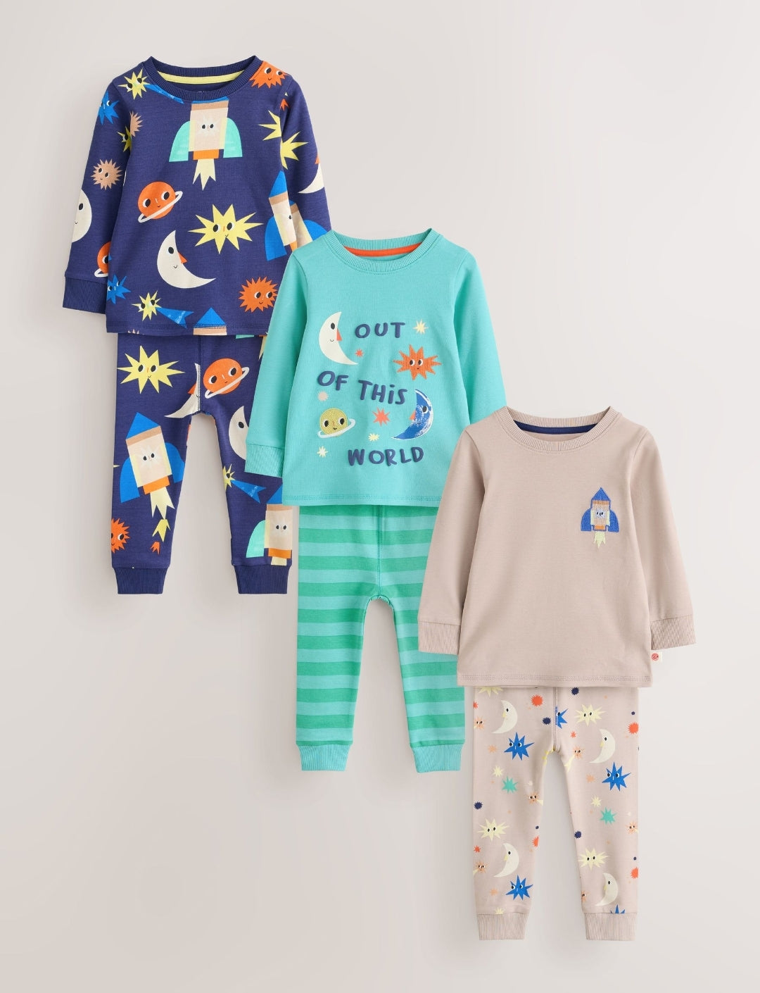 Ecru/Navy/Green Spaceship Relaxed Snuggle Pyjamas 3 Pack
