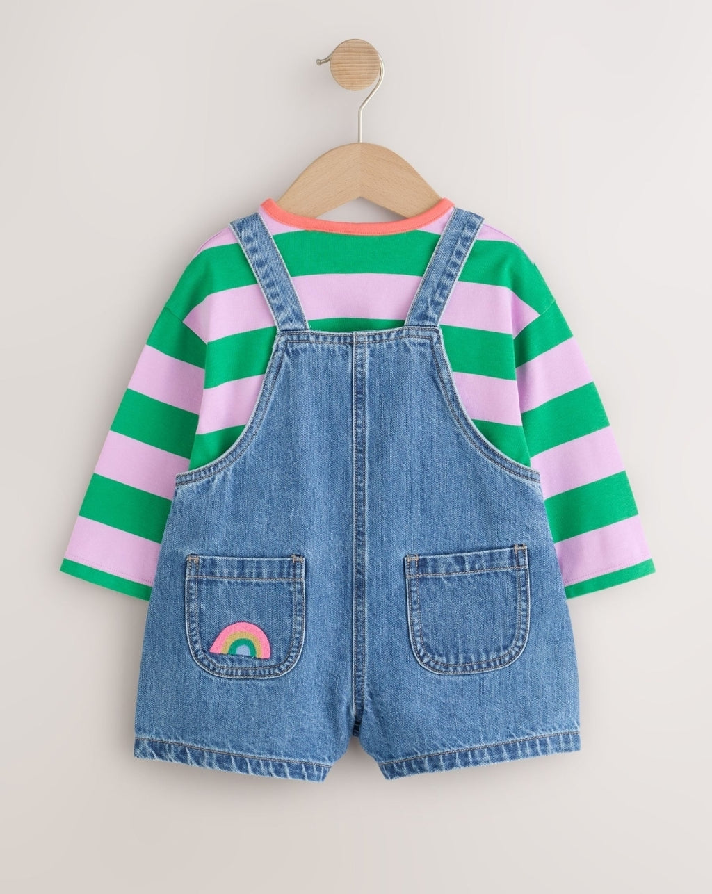 Denim Stripe T-Shirt Dungaree and Tights Set