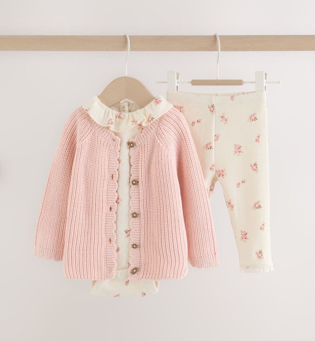 White Floral Bodysuit, Legging with Pink Knitted Cardigan Baby