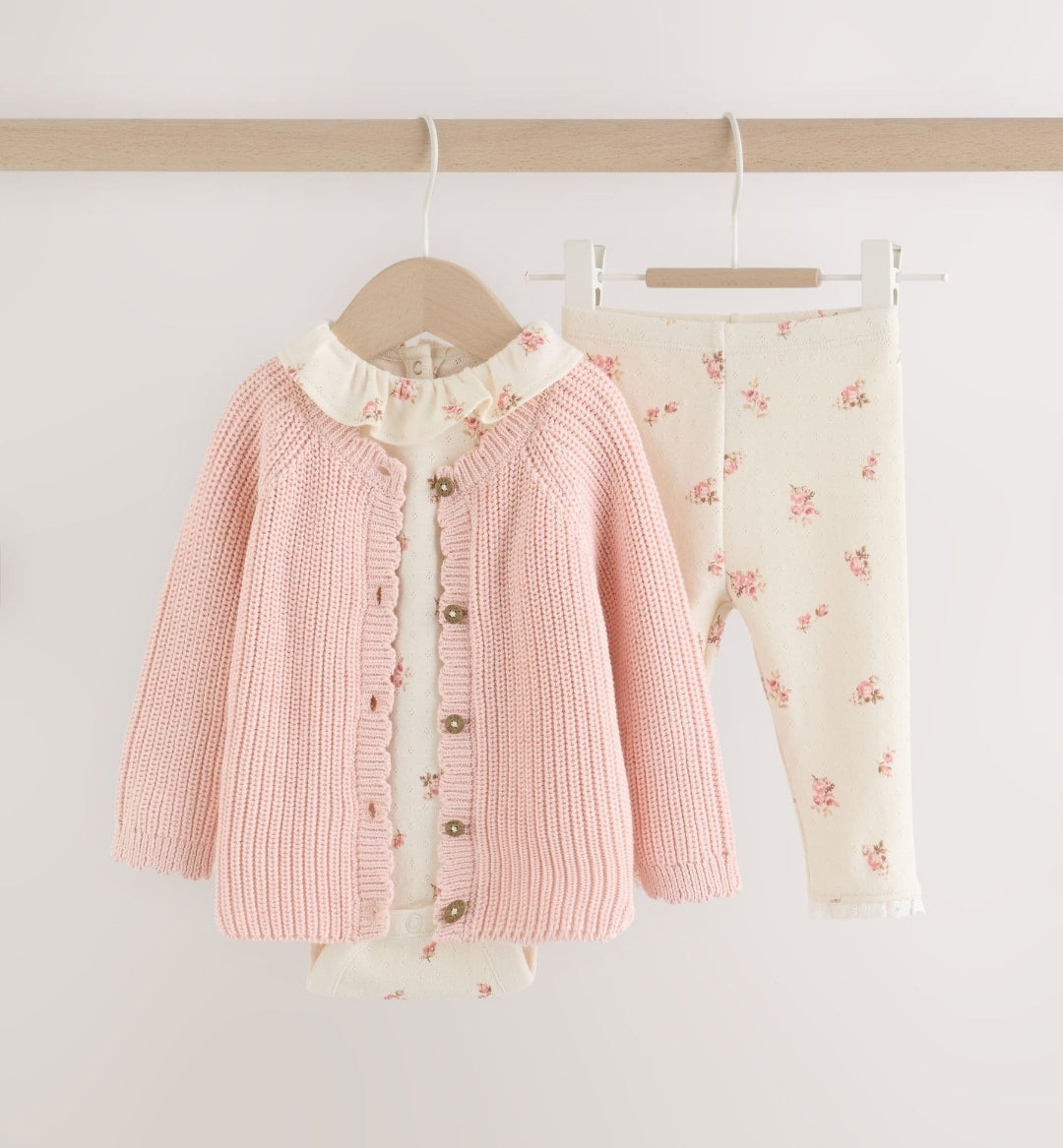 White Floral Bodysuit, Legging with Pink Knitted Cardigan Baby