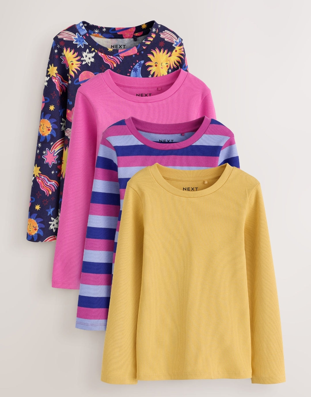 Navy/Pink Long Sleeve Ribbed T-Shirts 4 Pack