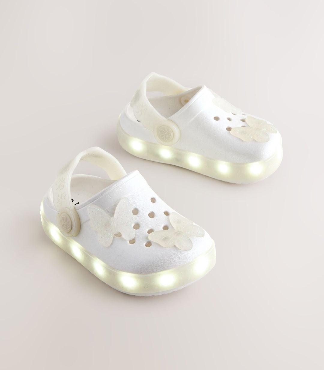 White Shimmer Butterfly Light Up
Clogs