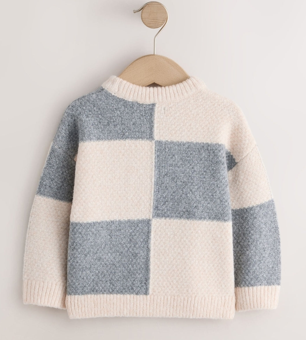 Grey/White Checkerboard Knit Crew Neck Jumper