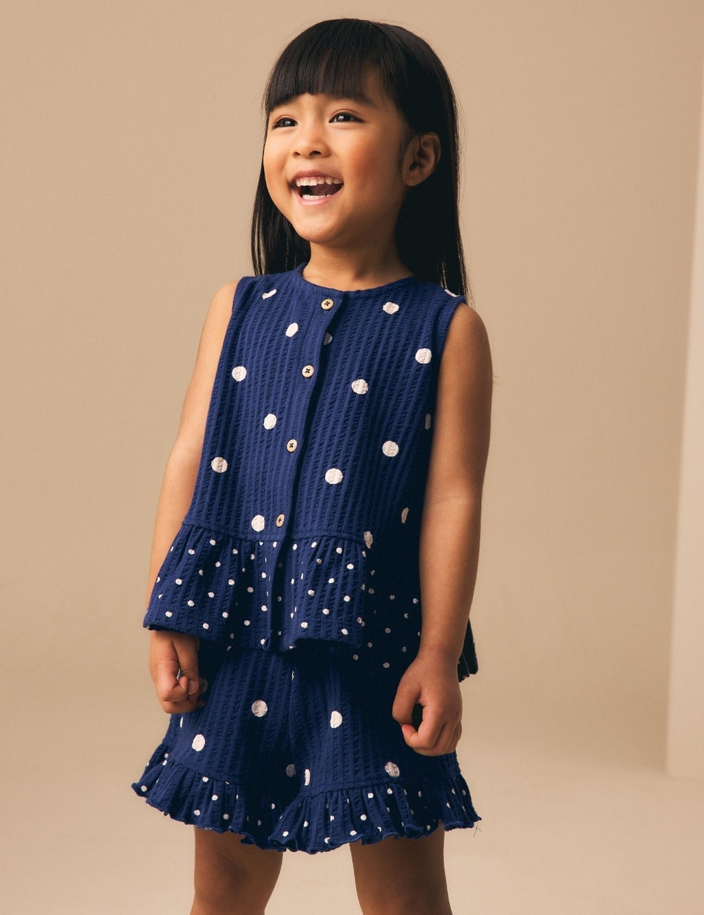 Navy Spot Peplum Vest and Shorts