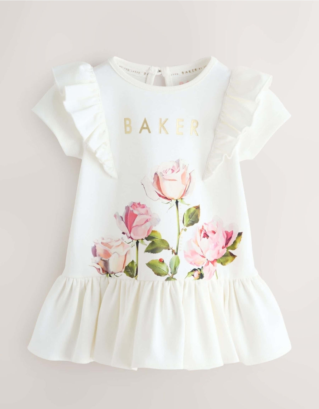 Baker by Ted Baker white Rose print frill peplum Hem Dress