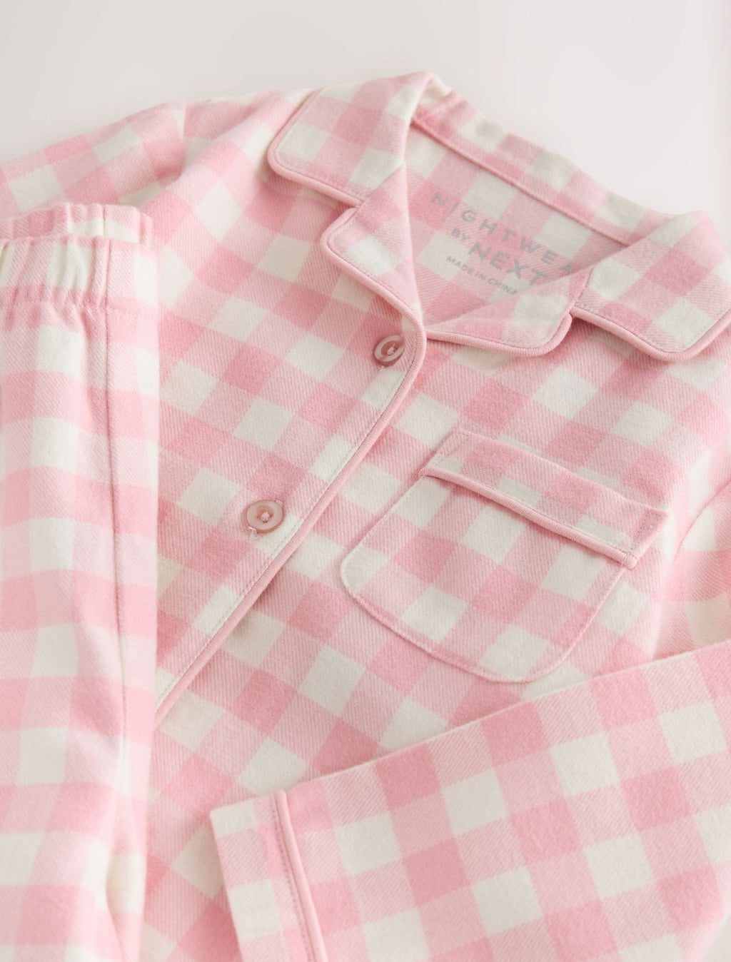 Ecru/Pink Check Ribbon Wrapped Woven Button Through Pyjamas Set