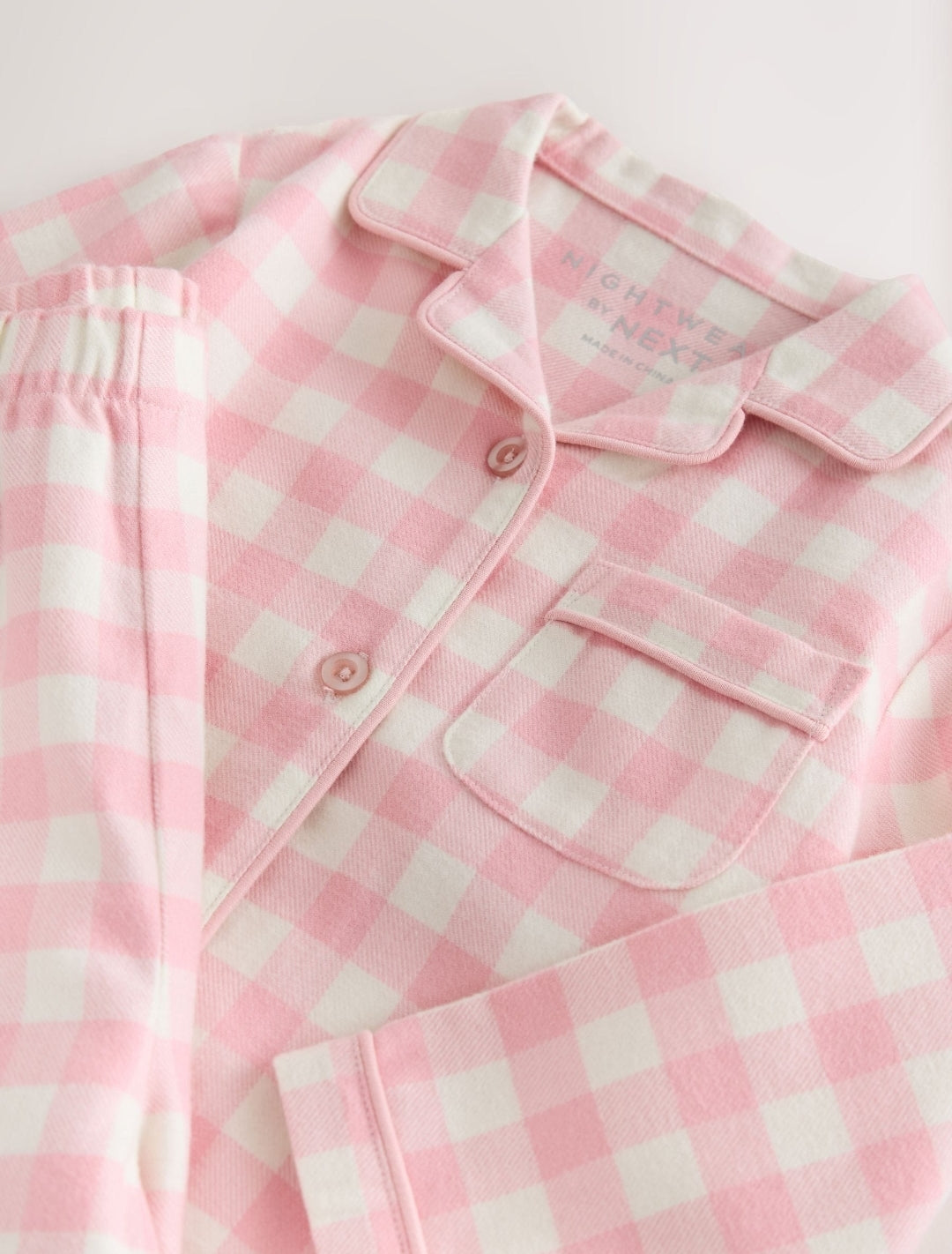 Ecru/Pink Check Ribbon Wrapped Woven Button Through Pyjamas Set