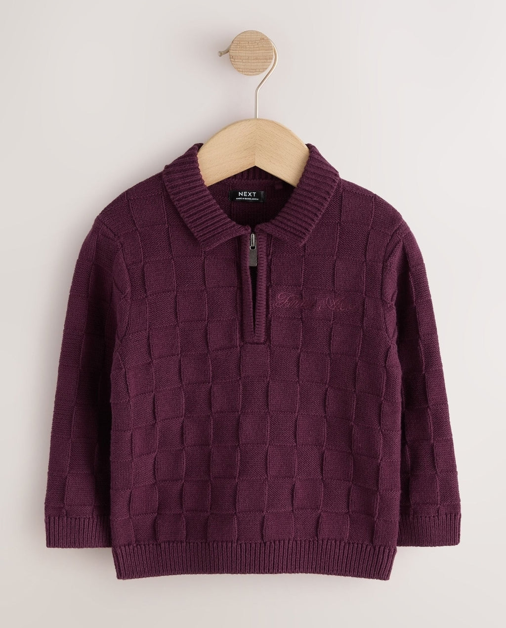 Plum Purple Textured Knitted Zip Neck Polo Shirt