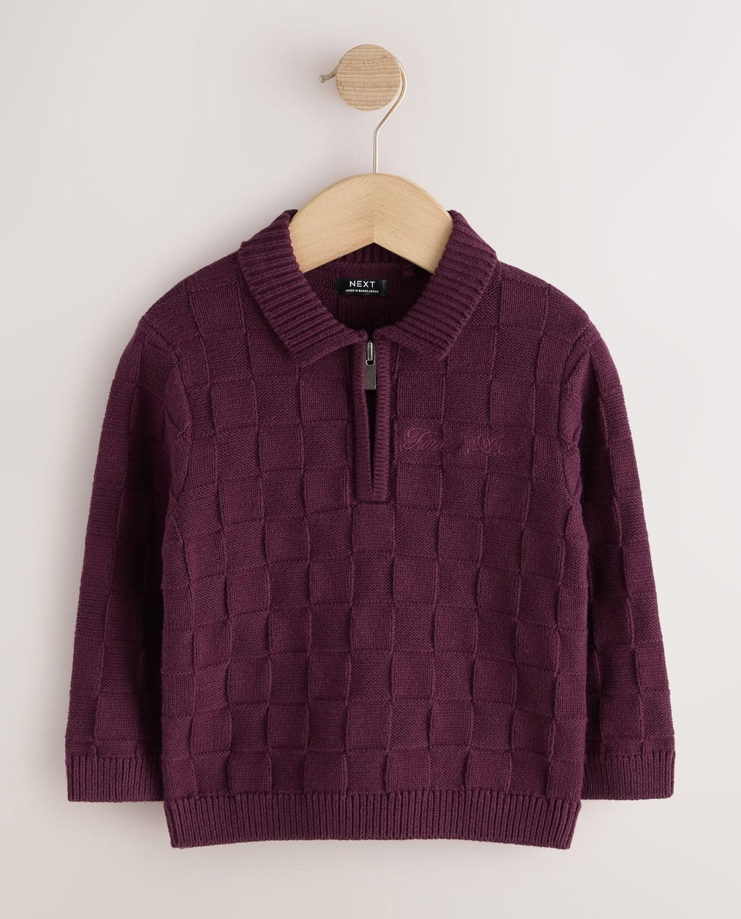 Plum Purple Textured Knitted Zip Neck Polo Shirt