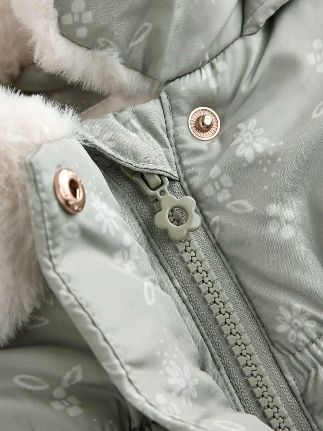 Sage Green Floral Shower Resistant Faux Fur Collar Padded