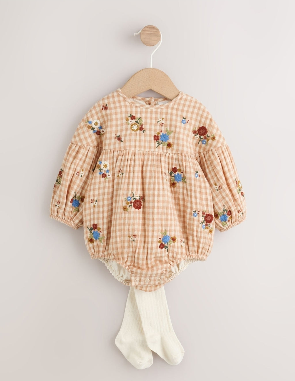 Brown/Cream Check Embroidered
Baby Bubble Romper And Tights