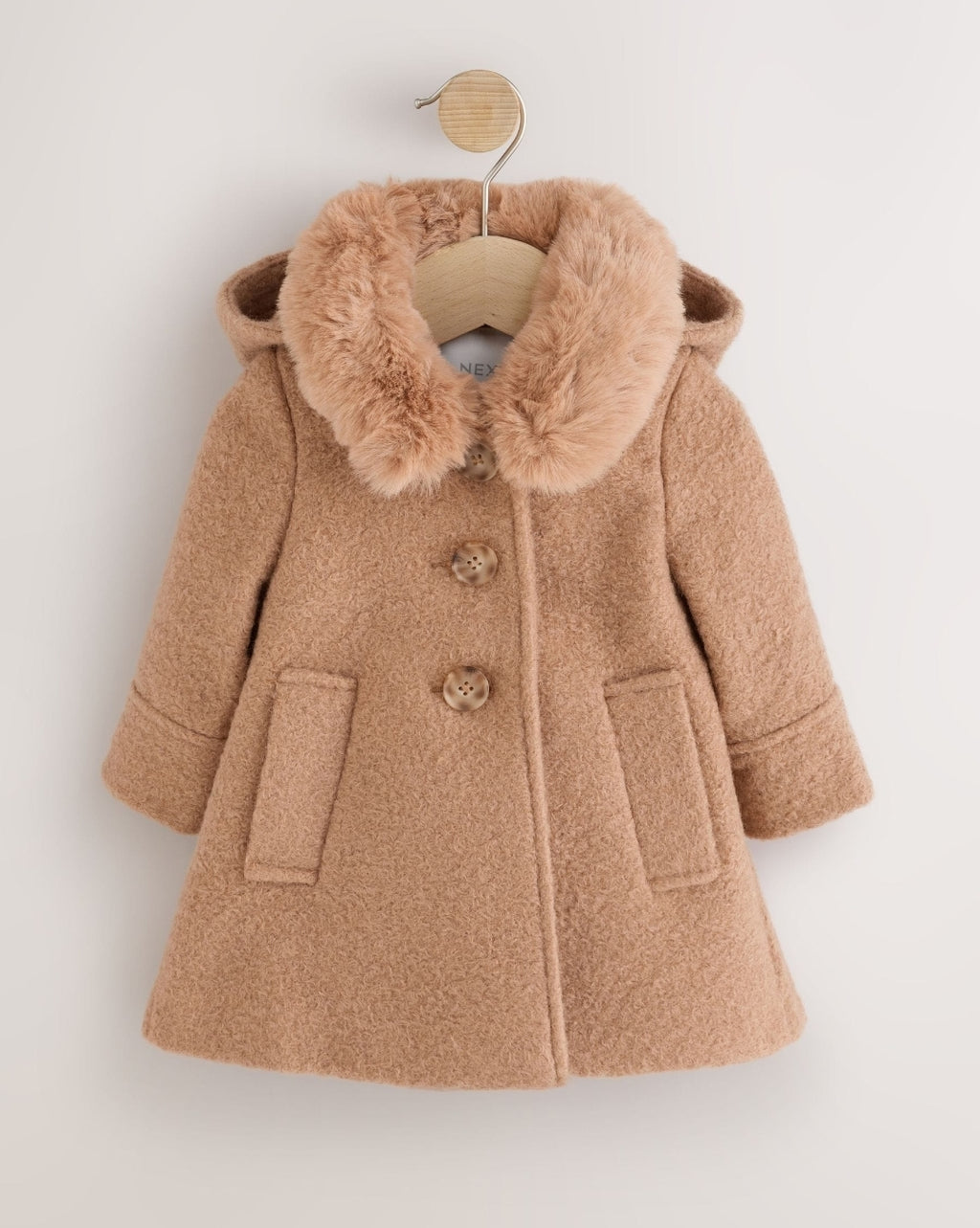 Camel Brown Faux Fur Collar Hooded Coat