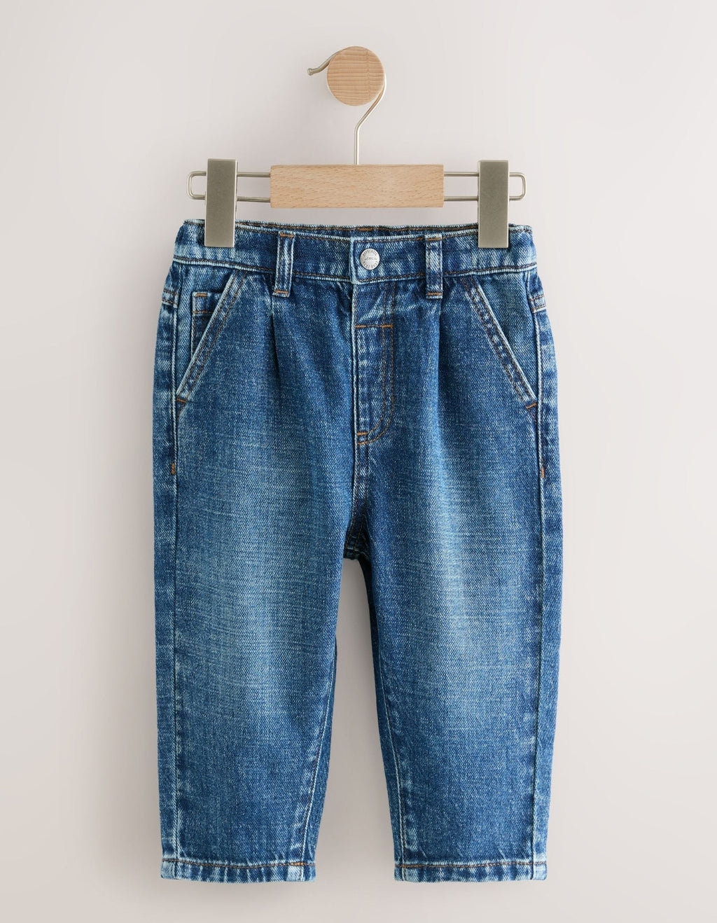 Mid Blue Denim Loose Fit Pleat Front Jeans
