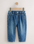 Mid Blue Denim Loose Fit Pleat Front Jeans
