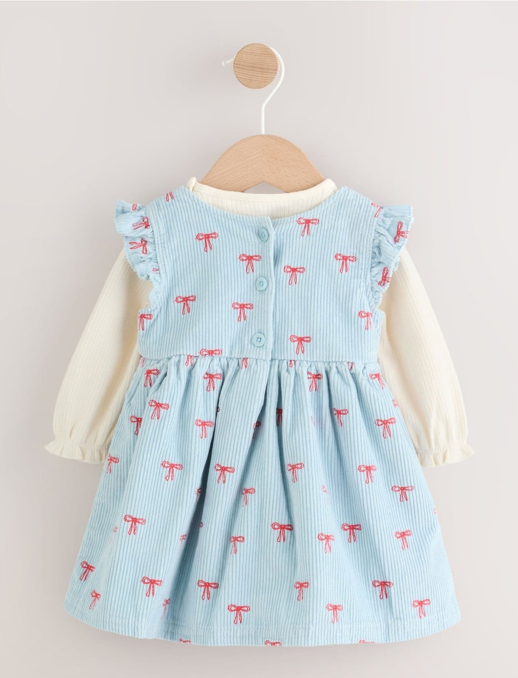 Blue Bow Baby Cord Pinafore Long Sleeve Bodysuit & Tights Set
