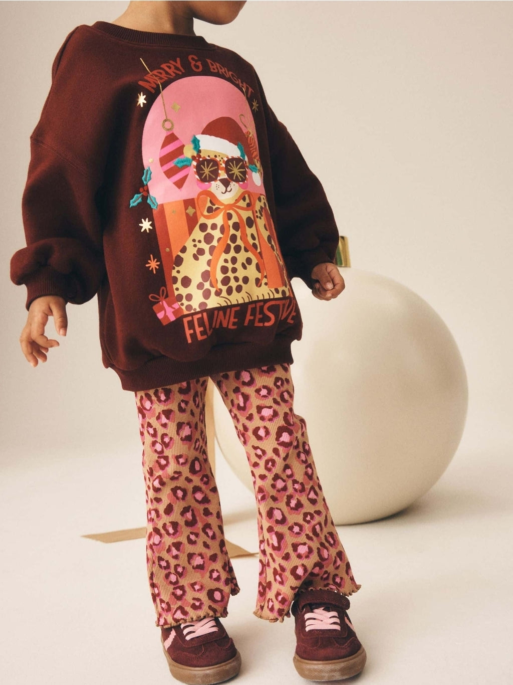 Pink Christmas Leopard Sweatshirt and Flare Leggings Set