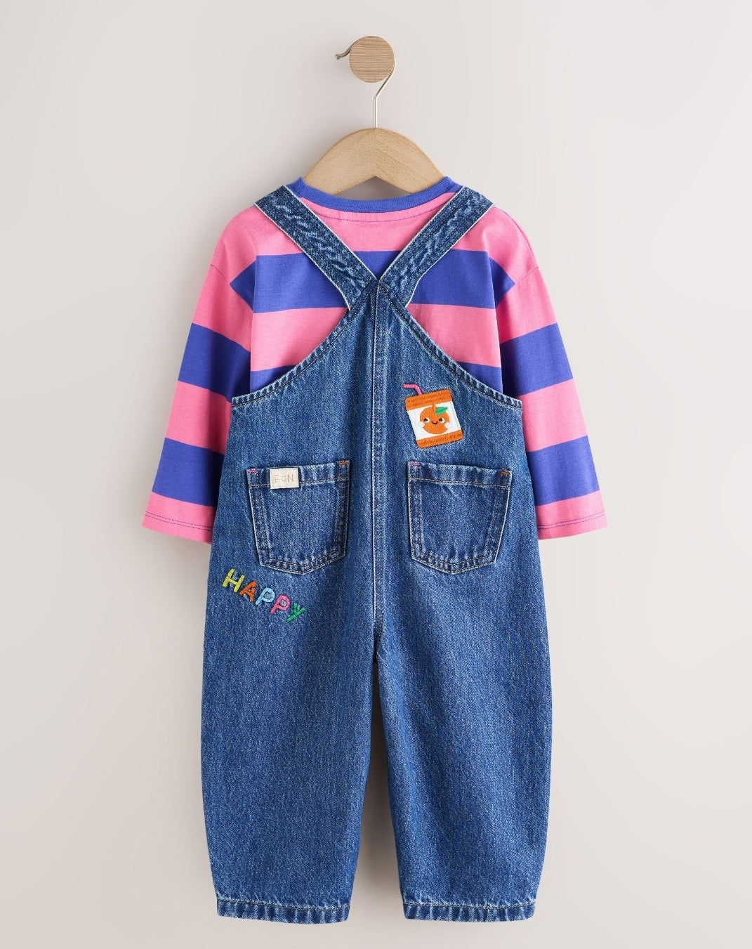 Blue/ Pink Stripe Embroidered
Denim Dunagree Set