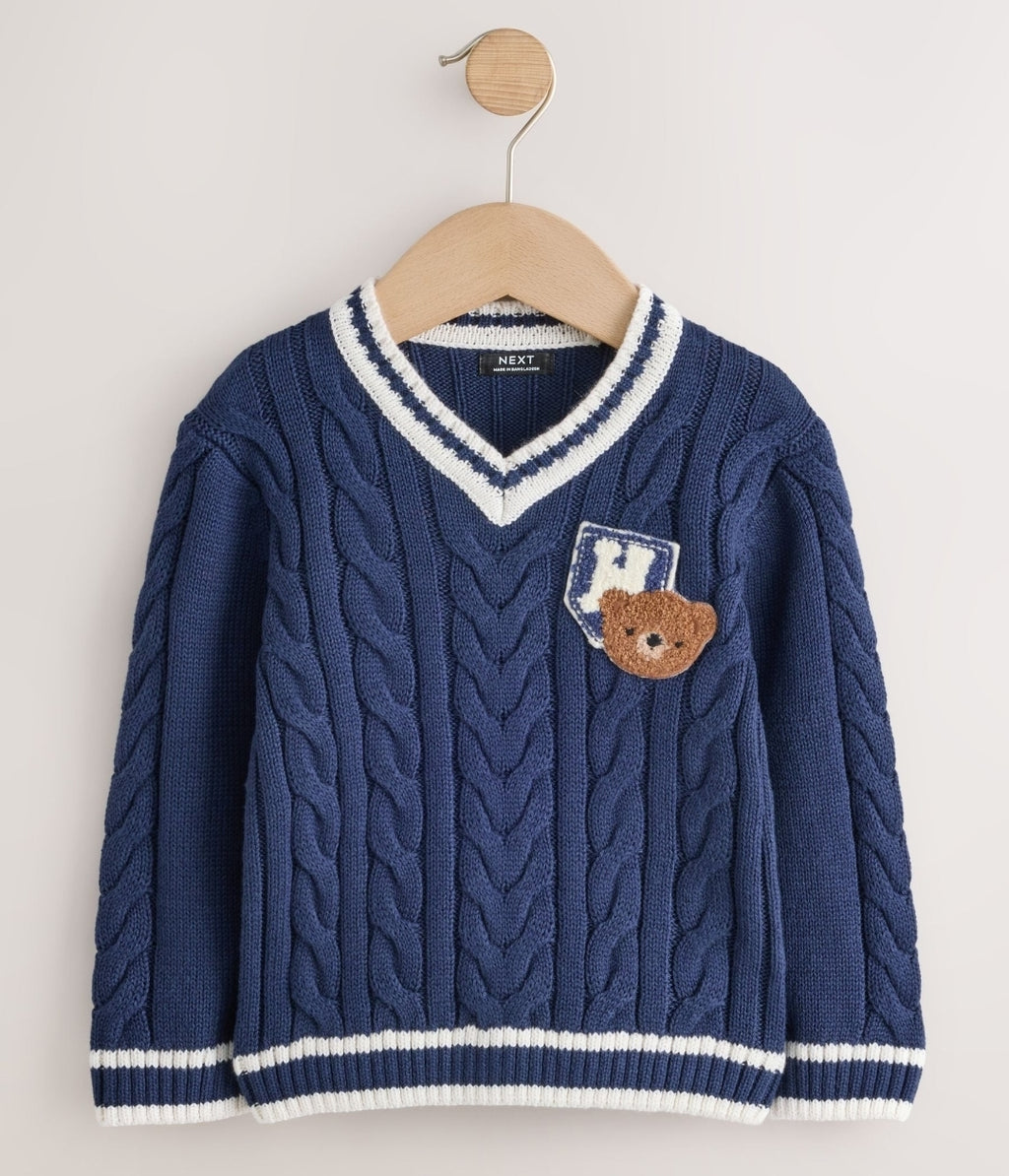 Navy Blue Cable Knit Varsity Jumper