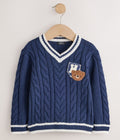 Navy Blue Cable Knit Varsity Jumper