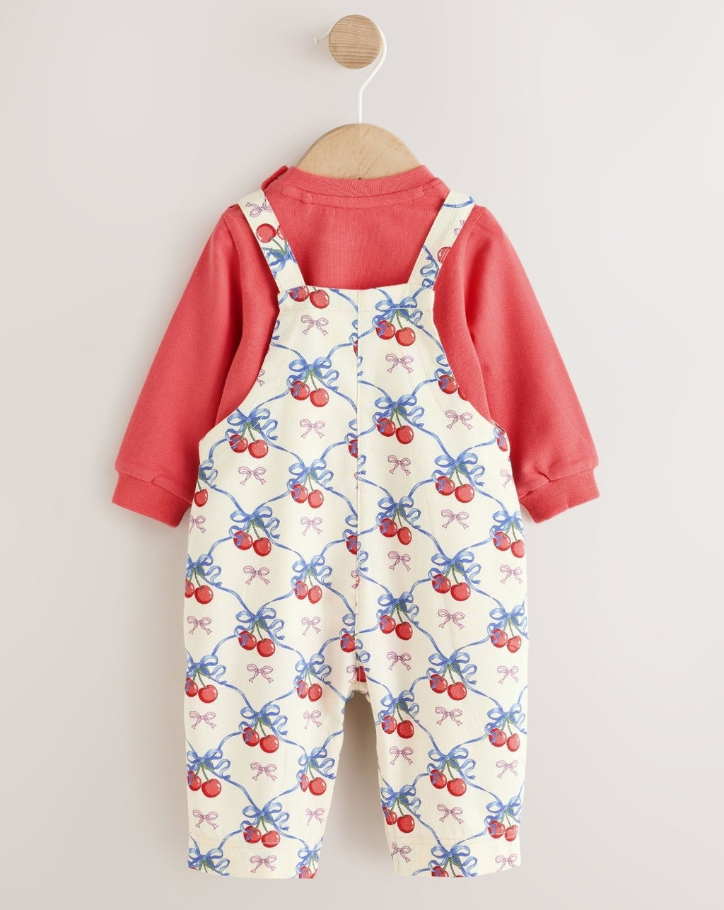Ecru Cherry Baby Long Sleeve Bodysuit And Woven Dungarees