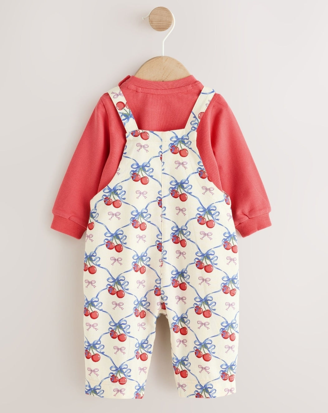 Ecru Cherry Baby Long Sleeve Bodysuit And Woven Dungarees
