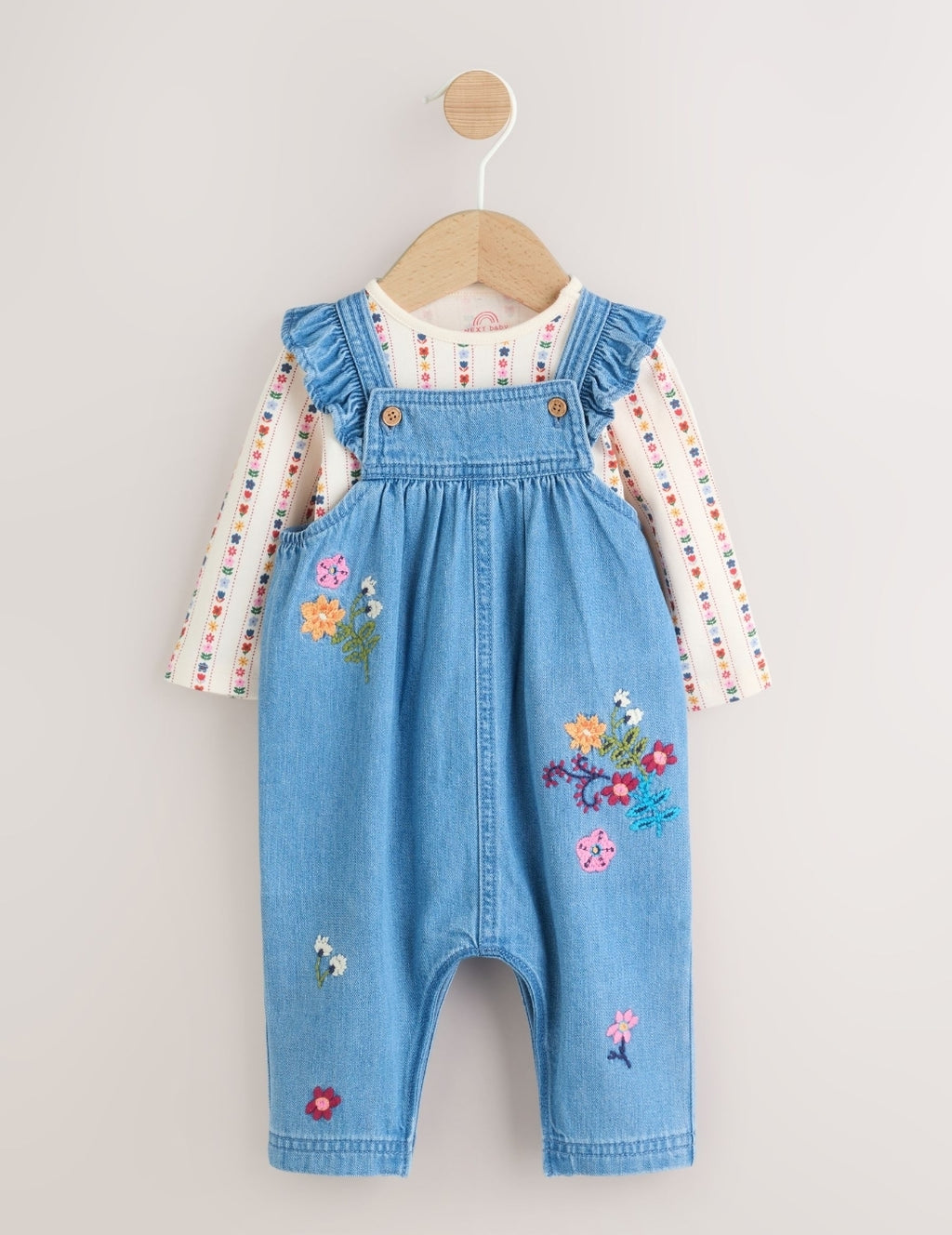 Embroidered Denim Dungarees and Long Sleeve Bodysuit Set