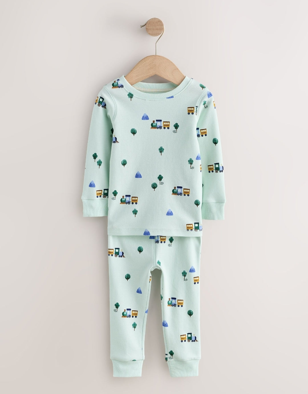 Green/Ecru Train Mini Print Snuggle Pyjamas 3 Pack
