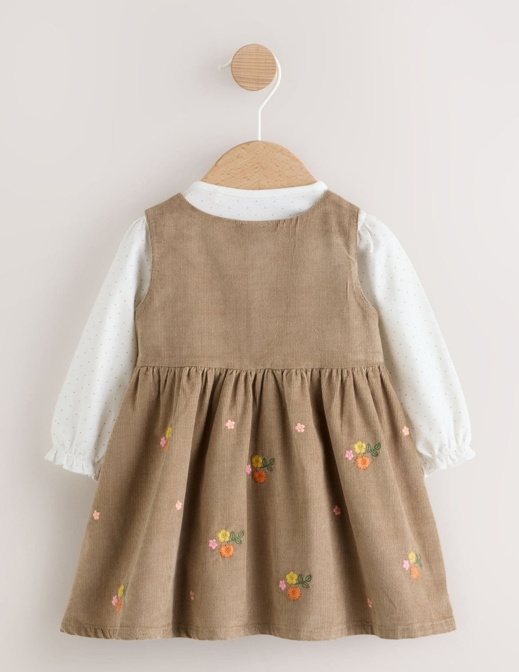 Olive Green Embroidered Baby Cord Pinafore Long Sleeve Bodys