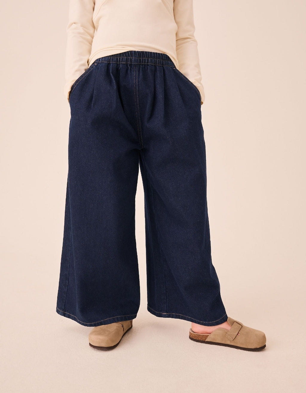 Blue Rinse Wash Denim Pull On Wide Leg Jeans