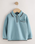 Blue Tipped Knitted Zip Neck Polo Shirt