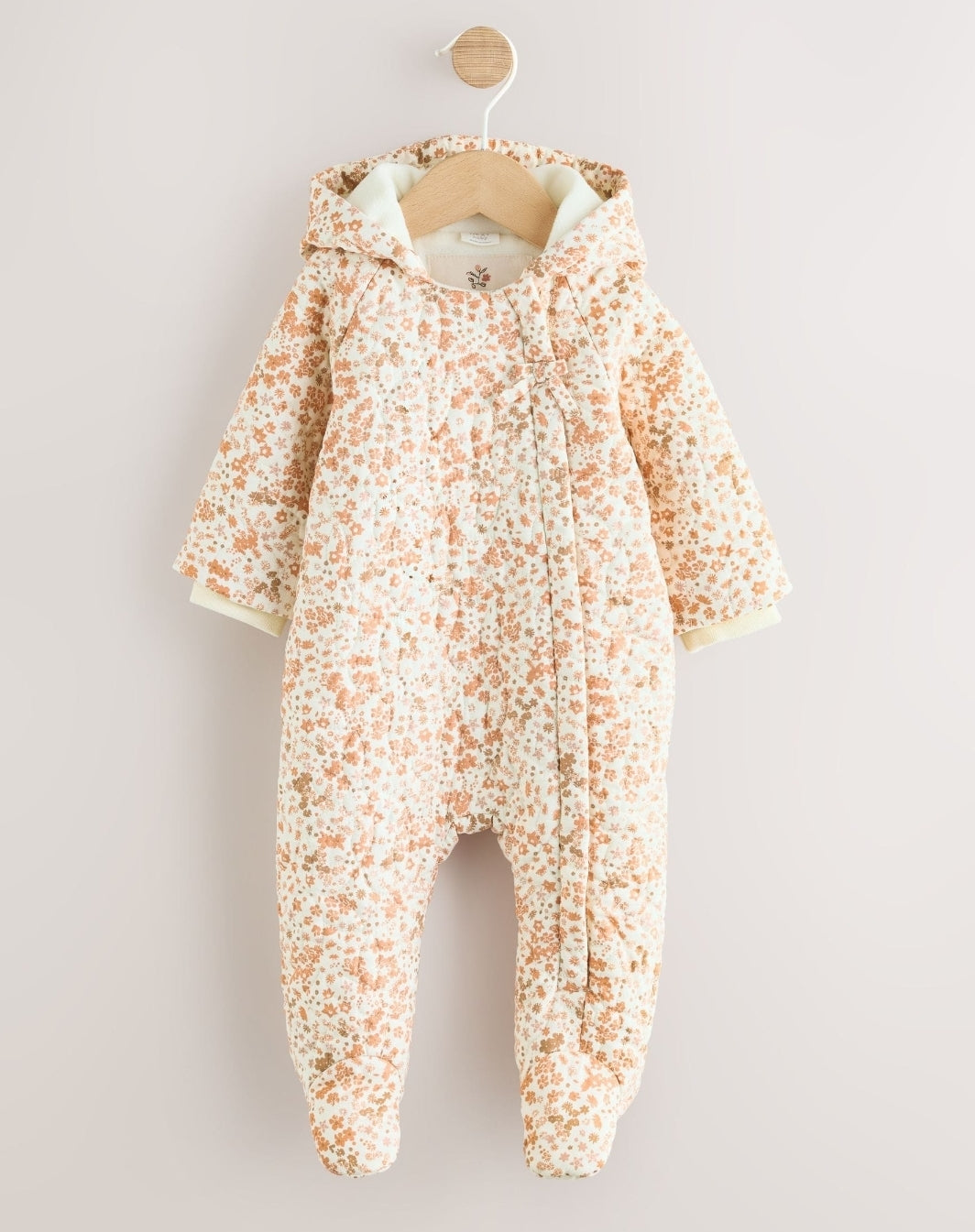 Ecru Floral Printed Baby Hooded
Crinkle Woven Pramsuit