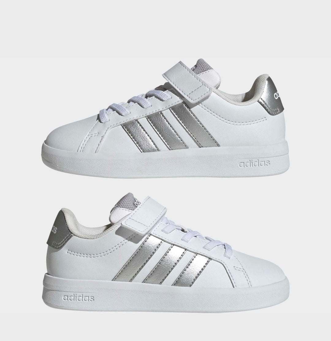 adidas White/Silver Grand Court 3.0 Elastic Lace Kids Trainers